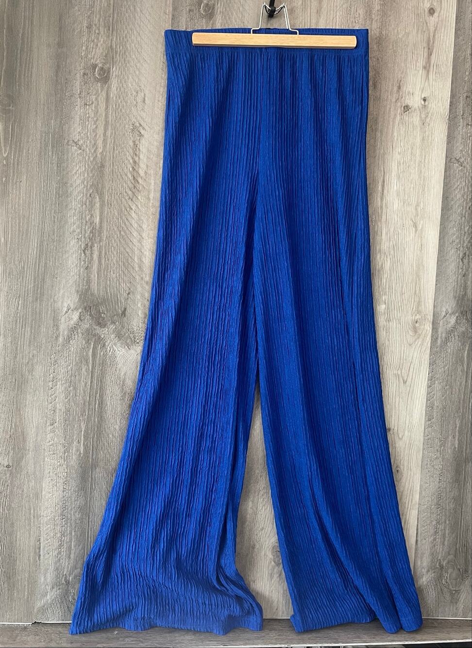 Windsor Women’s L Royal Blue Crinkle Wide Leg Palazzo Pants High Rise Stretch